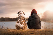 Une femme assise avec un chien face à un lac au coucher du soleil, contemplant la nature.