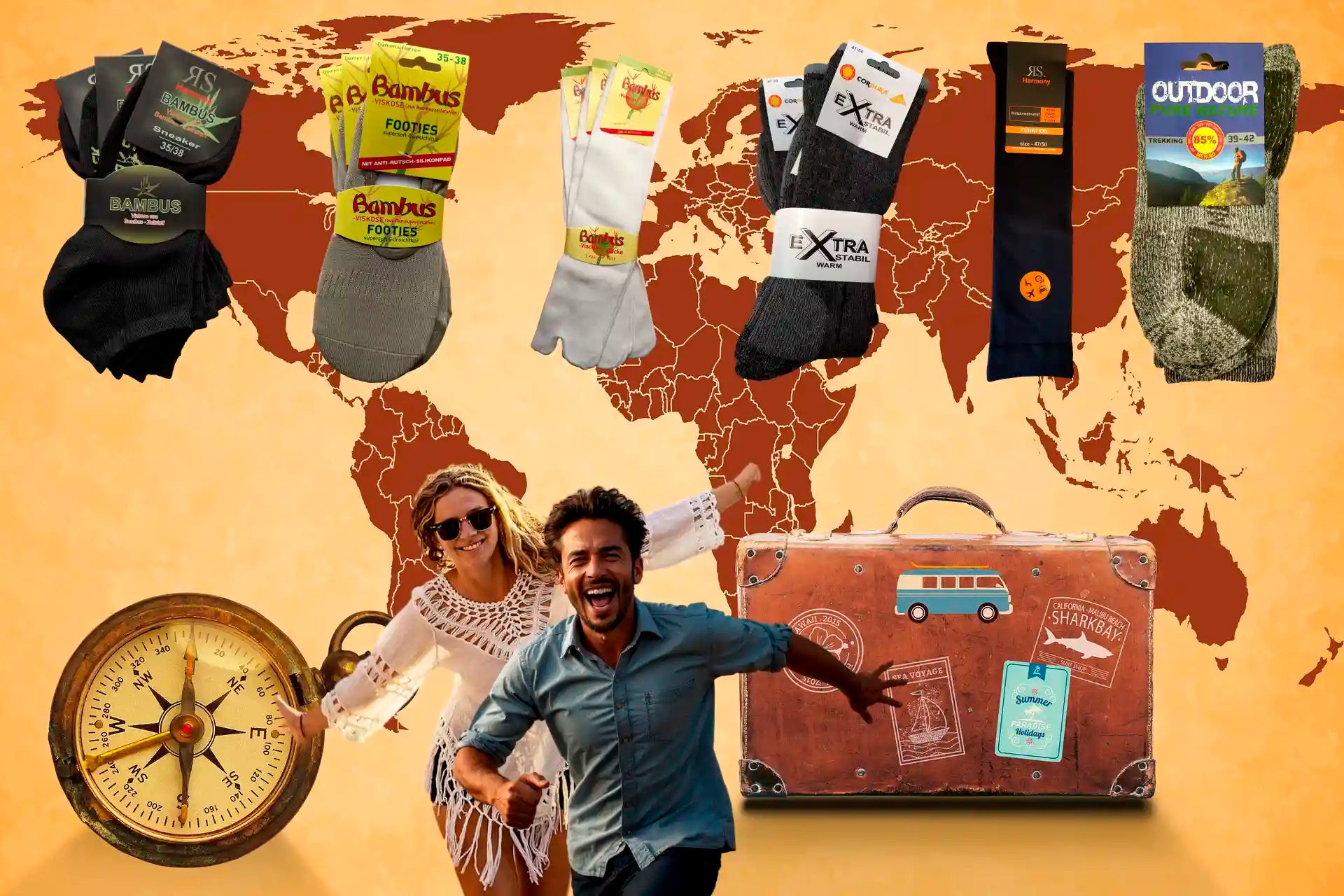 Image de chaussettes idéales pour les vacances avec une carte du monde et des voyageurs heureux, illustrant quelles chaussettes idéales pour les vacances.
