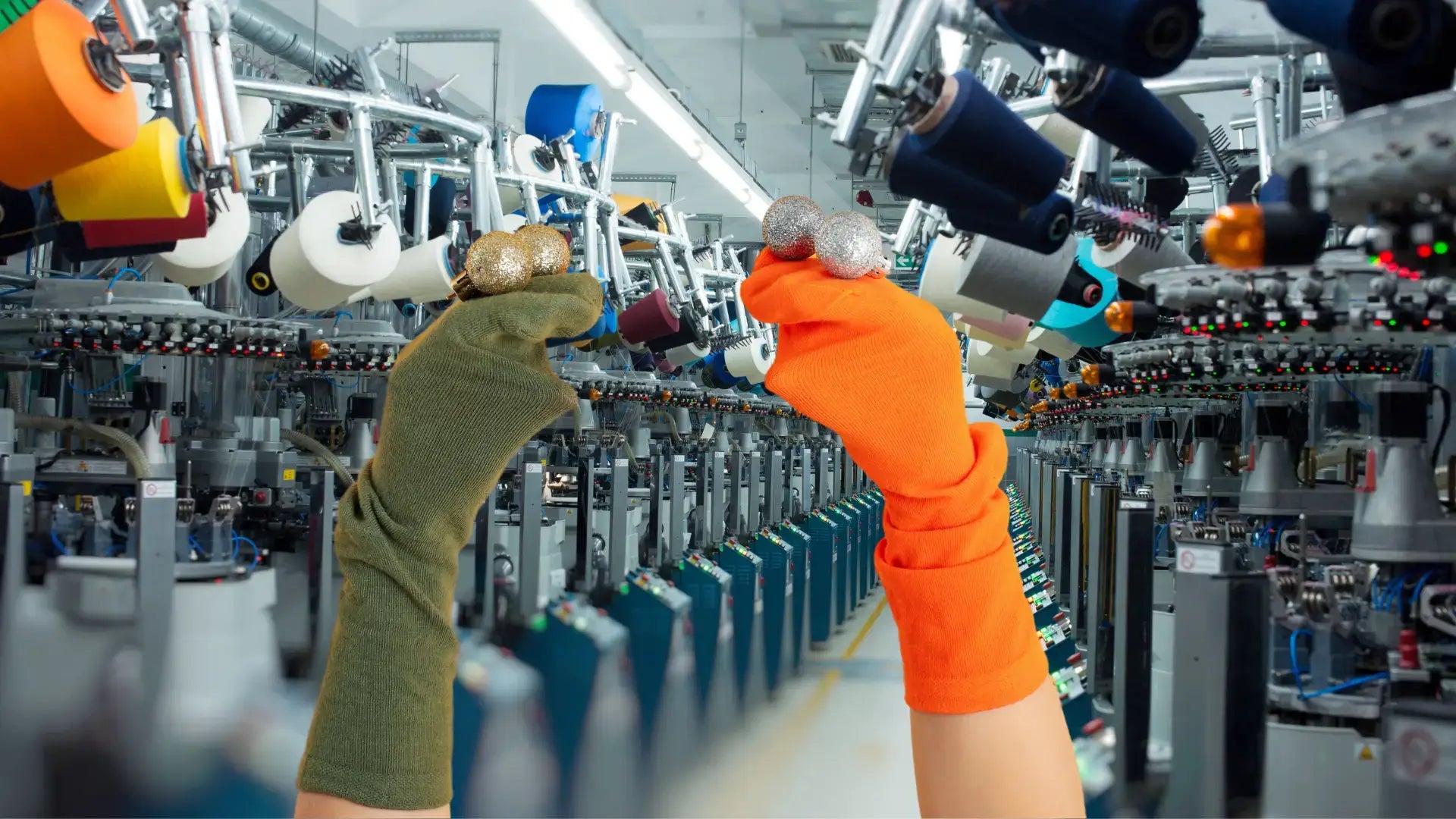 Chaussettes marionnettes devant une ligne de machines à tricoter les chaussettes