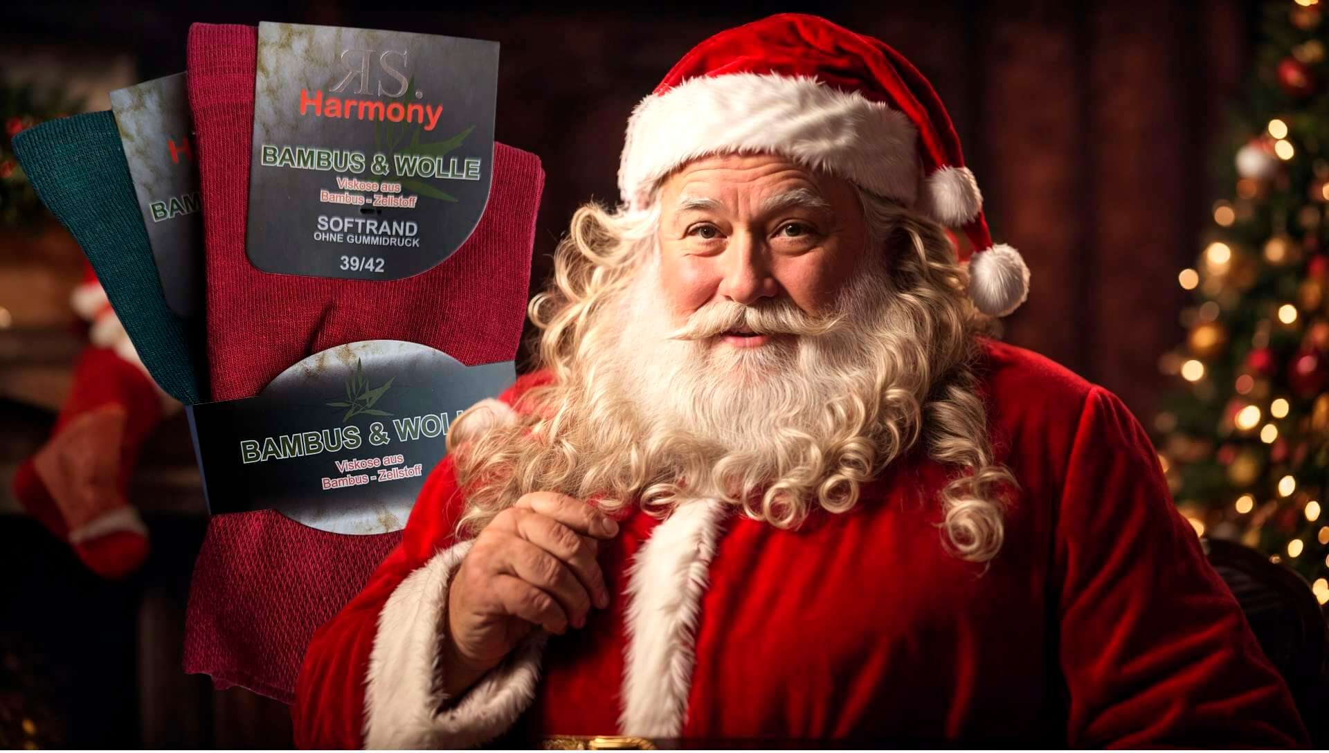 Père Noël devant son sapin qui dit vouloir livrer des chaussettes en cadeau cette année