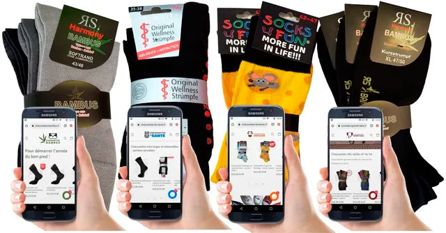 Quatre sites de vente en ligne de chaussettes de qualité présentés sur smartphone
