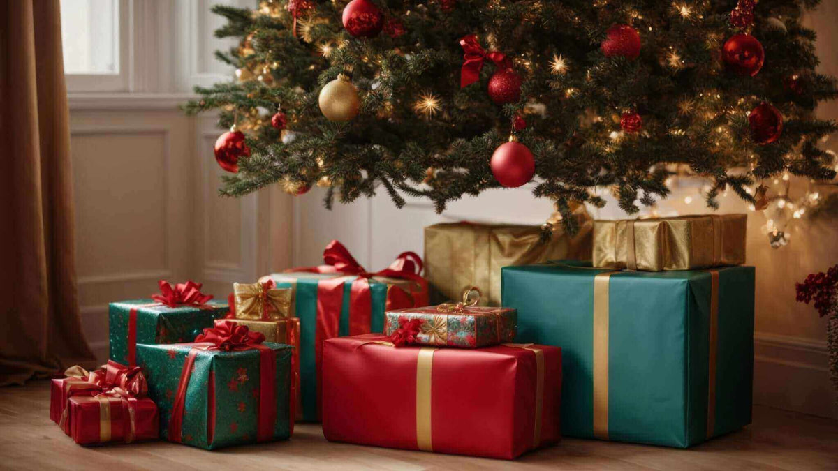 Chaussettes bambou cadeau de noël, cadeaux colorés sous un sapin de Noël décoré avec des lumières et des ornements.