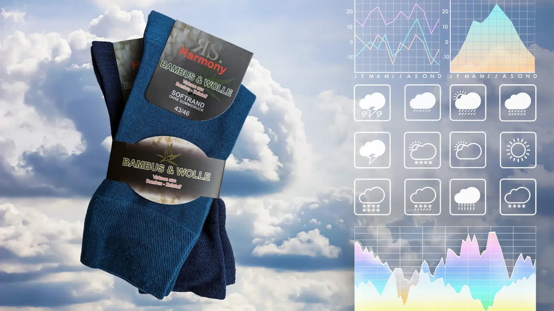 Chaussettes toutes saisons en laine, idéales pour toutes les conditions climatiques avec des graphiques météo en arrière-plan.