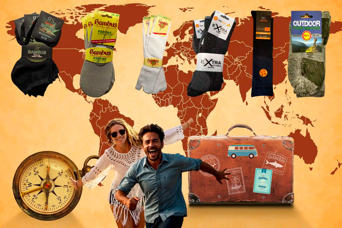 Image de chaussettes idéales pour les vacances avec une carte du monde et des voyageurs heureux, illustrant quelles chaussettes idéales pour les vacances.