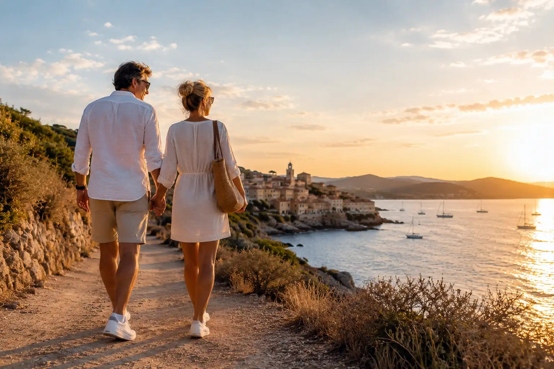 Un couple en vacances marche le long d'un sentier cotier tout en admirant le coucher de soleil, mini socquettes bambou aux pied.