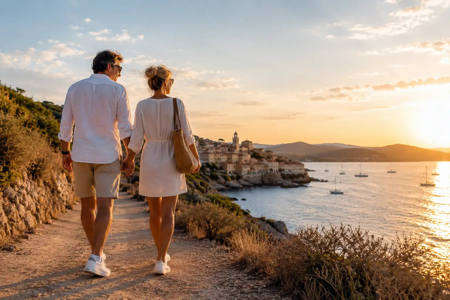 Un couple en vacances marche le long d'un sentier cotier tout en admirant le coucher de soleil, mini socquettes bambou aux pied.