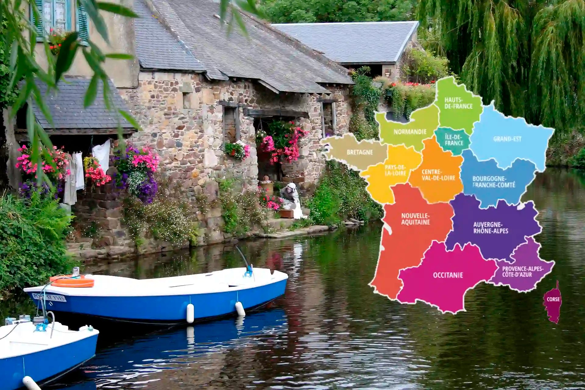 Chaussettes adaptées à la région avec vue sur un canal et des bateaux à Pontrieux en Bretagne.