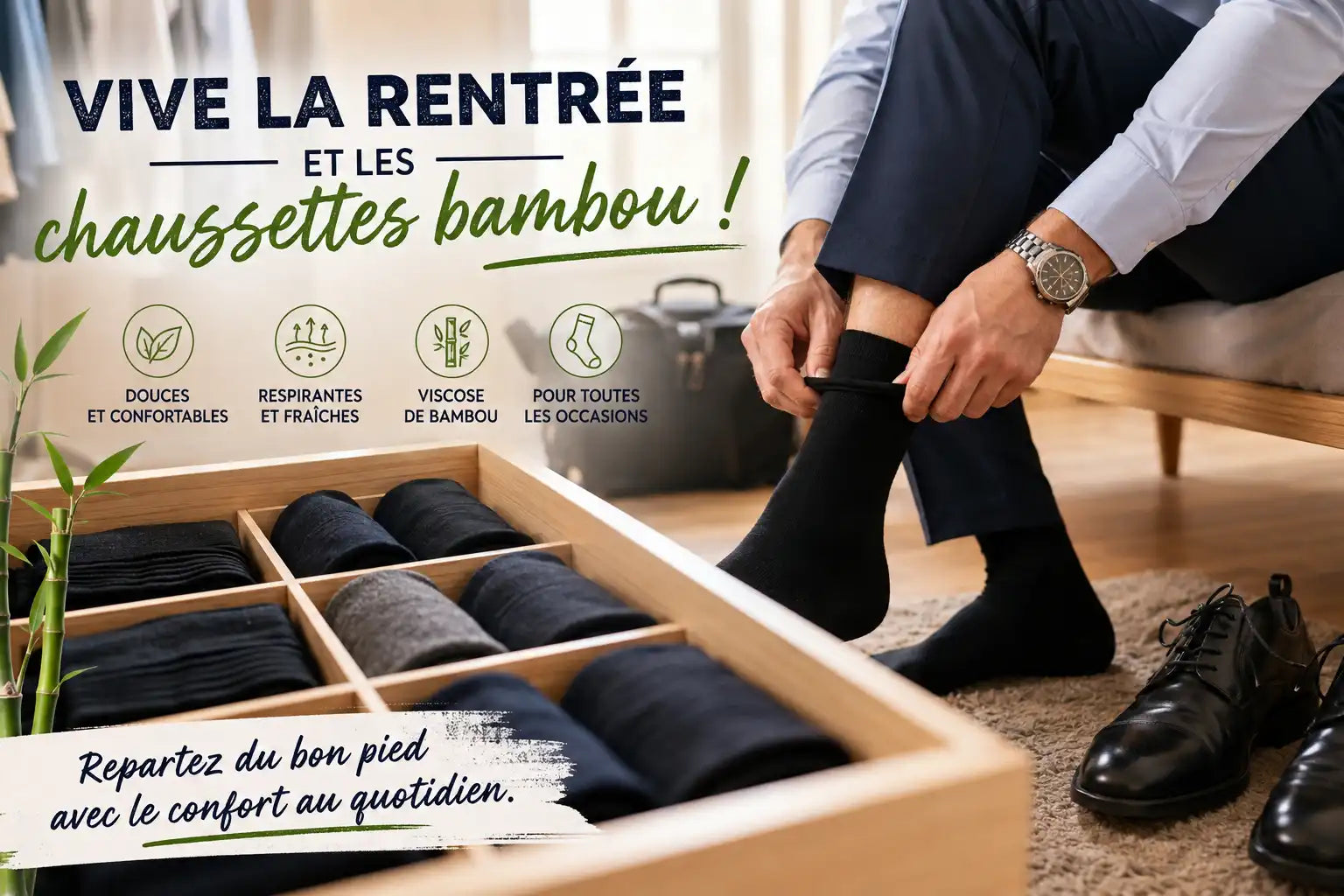 Un homme enfile ses chaussettes pour sa rentrée.