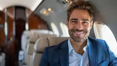 Business man en avion avec des chaussettes bambou couleur aux pieds
