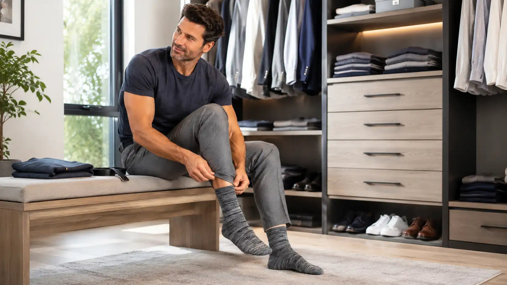 Un homme assis dans son dressing enfile ses chaussettes en bambou grises chinées assorties avec son pantalon gris anthracite.