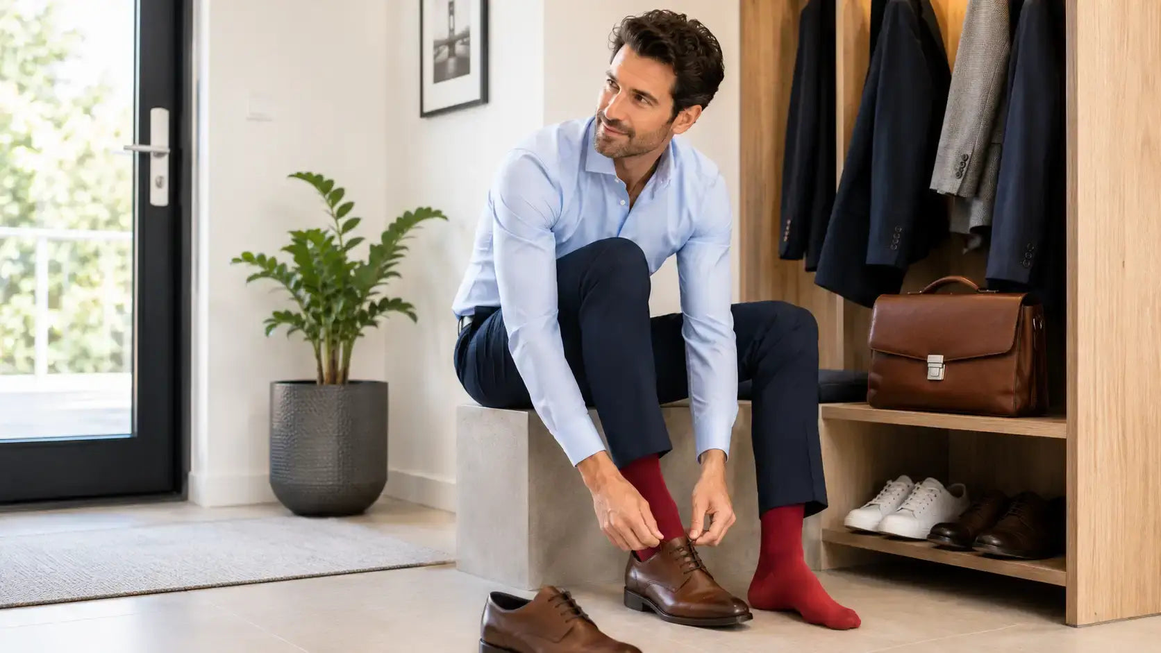 Un homme noue ses lacets de chaussures après avoir enfilé des chaussettes bambou laine couleur pour aller au bureau.