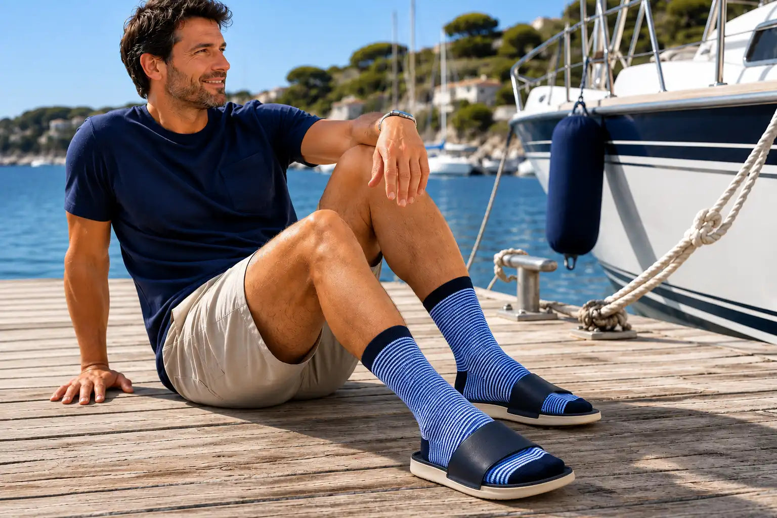 Un homme en chaussettes bambou rayées bleu marine aux pieds et claquettes est assis sur un ponton bois à côté de son bateau.