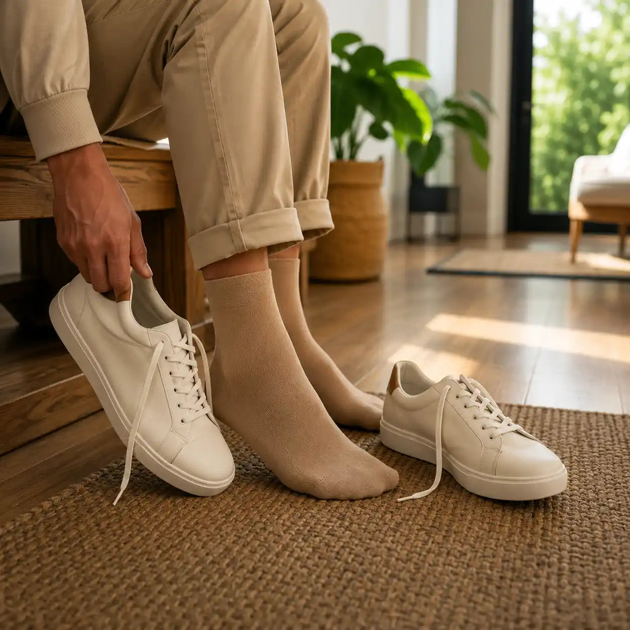 Un homme assis dans son salon a enfilé des chaussettes classiques beige pour porter avec ses baskets.