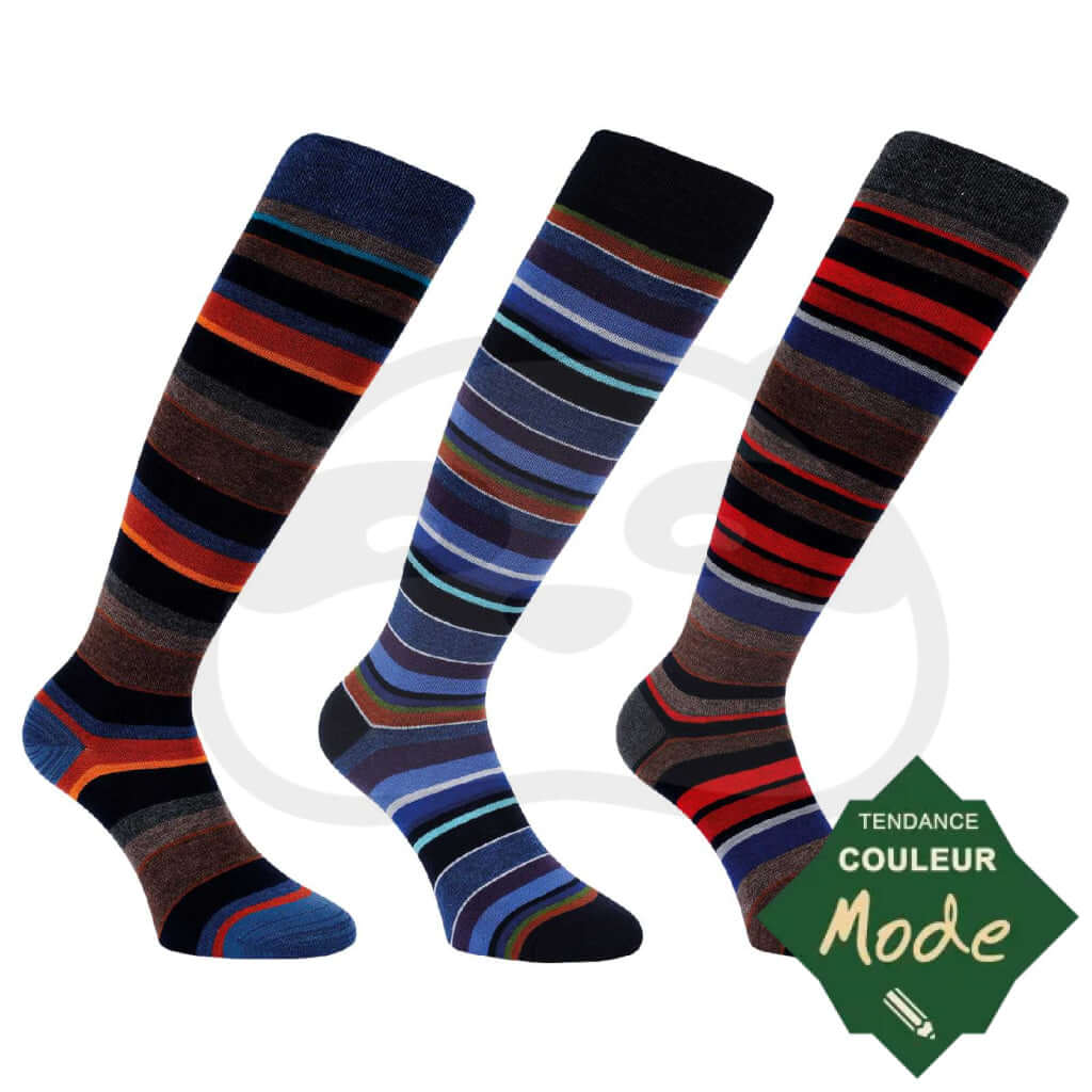 Chaussettes hautes rayées couleur en bambou - 3 paires élégantes et confortables.