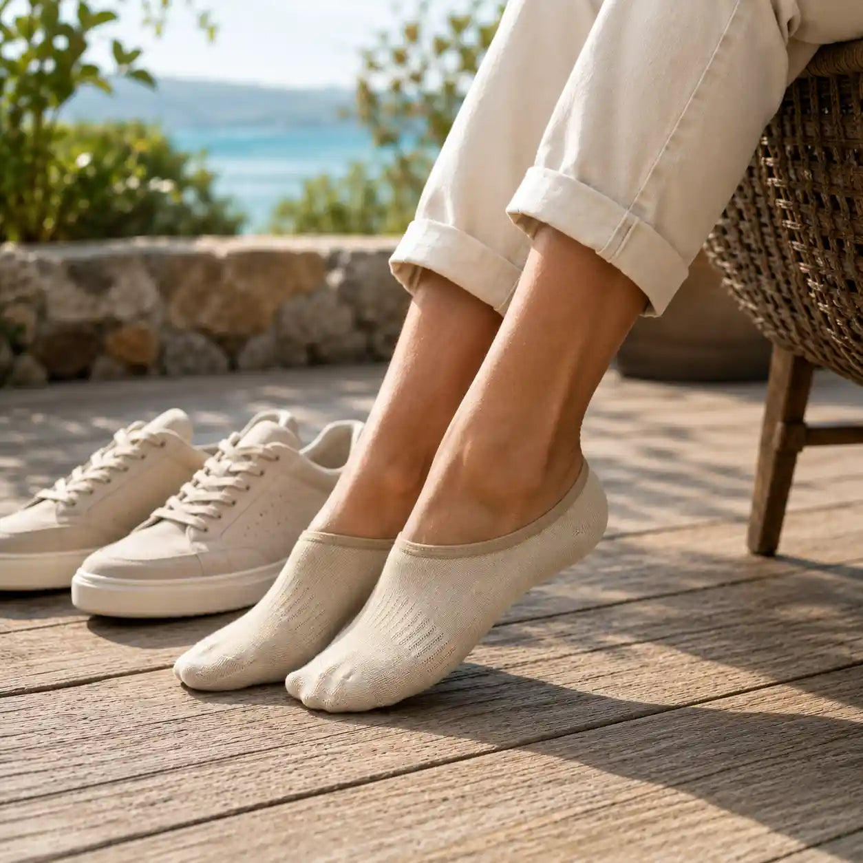 Une femme assise sur une terrasse au soleil vient d'enfiler des chaussettes invisibles en bambou beige qu'elle va porter dans une paire de baskets beige clair.