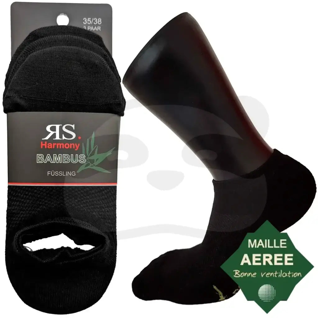 Chaussettes invisibles en bambou noires avec maille aérée pour une meilleure ventilation.