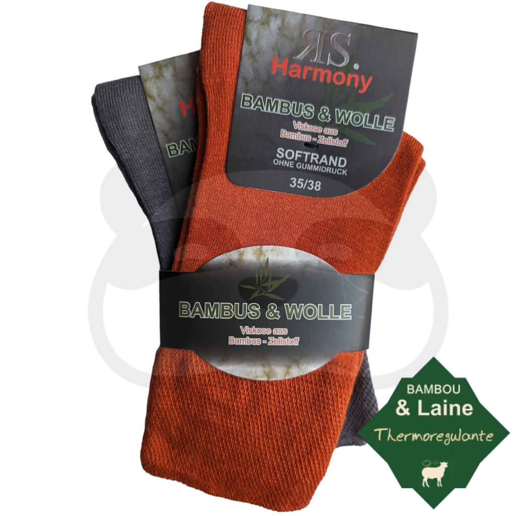 Chaussettes laine bambou pour homme et femme, 2 paires, légères et confortables, matières naturelles.
