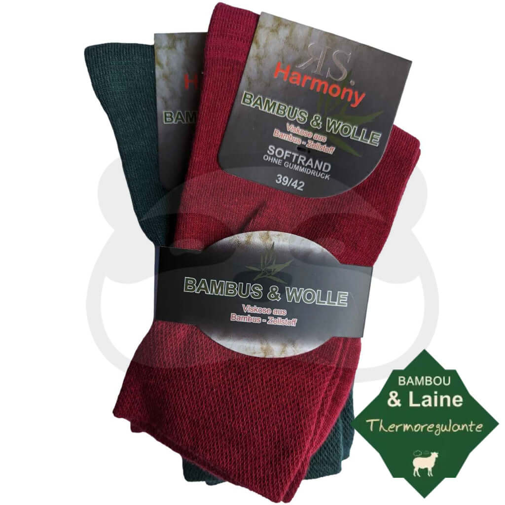 Chaussettes laine bambou sans élastique, 2 paires, confortables et respirantes, mélange doux de laine et bambou.