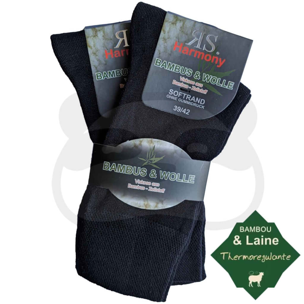 Chaussettes laine bambou sans élastique, 2 paires, douces et respirantes, mélange laine et bambou.