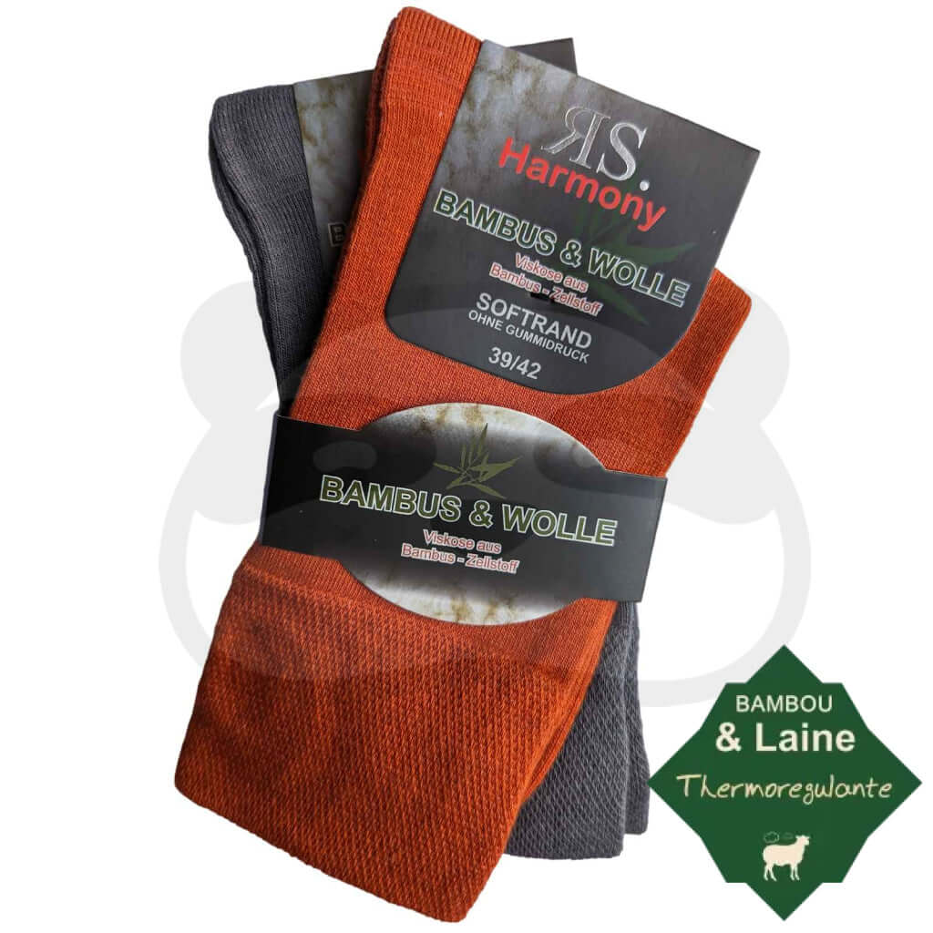 Chaussettes laine bambou sans élastique, 2 paires en mélange laine et bambou, confort et respirabilité, été et hiver.