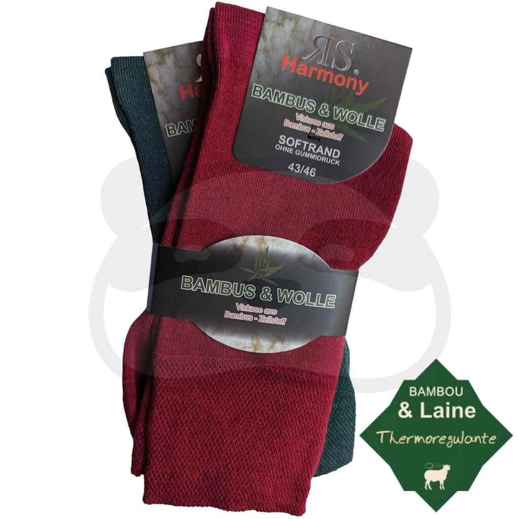 Chaussettes laine bambou sans élastique en rouge et vert, mélanges doux et respirants, 2 paires.