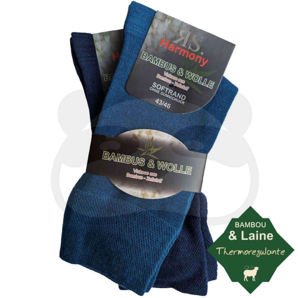 Chaussettes laine bambou homme femme, 2 paires, légères avec étiquette de marque Harmony.