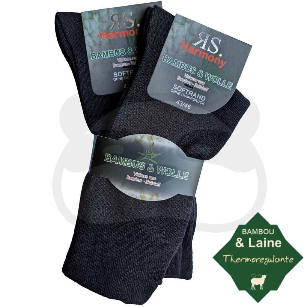 Chaussettes laine bambou sans élastique, confortables et chaudes, 2 paires, mélange de bambou et laine.