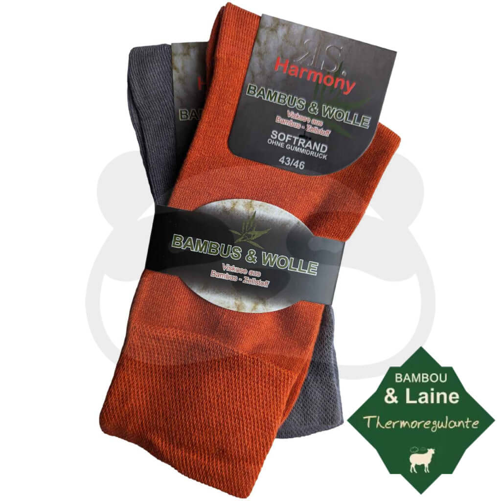 Chaussettes laine bambou sans élastique, 2 paires en mélange de laine et bambou pour un confort optimal.