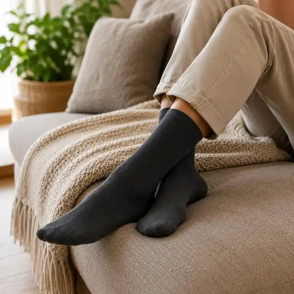 Femme sur un canapé beige allongée avec ses chaussettes en bambou noires.