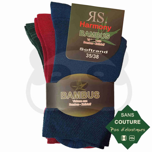 Chaussettes non comprimantes bambou - pack de 3 paires en bleu, rouge et vert sans élastique pour homme et femme.