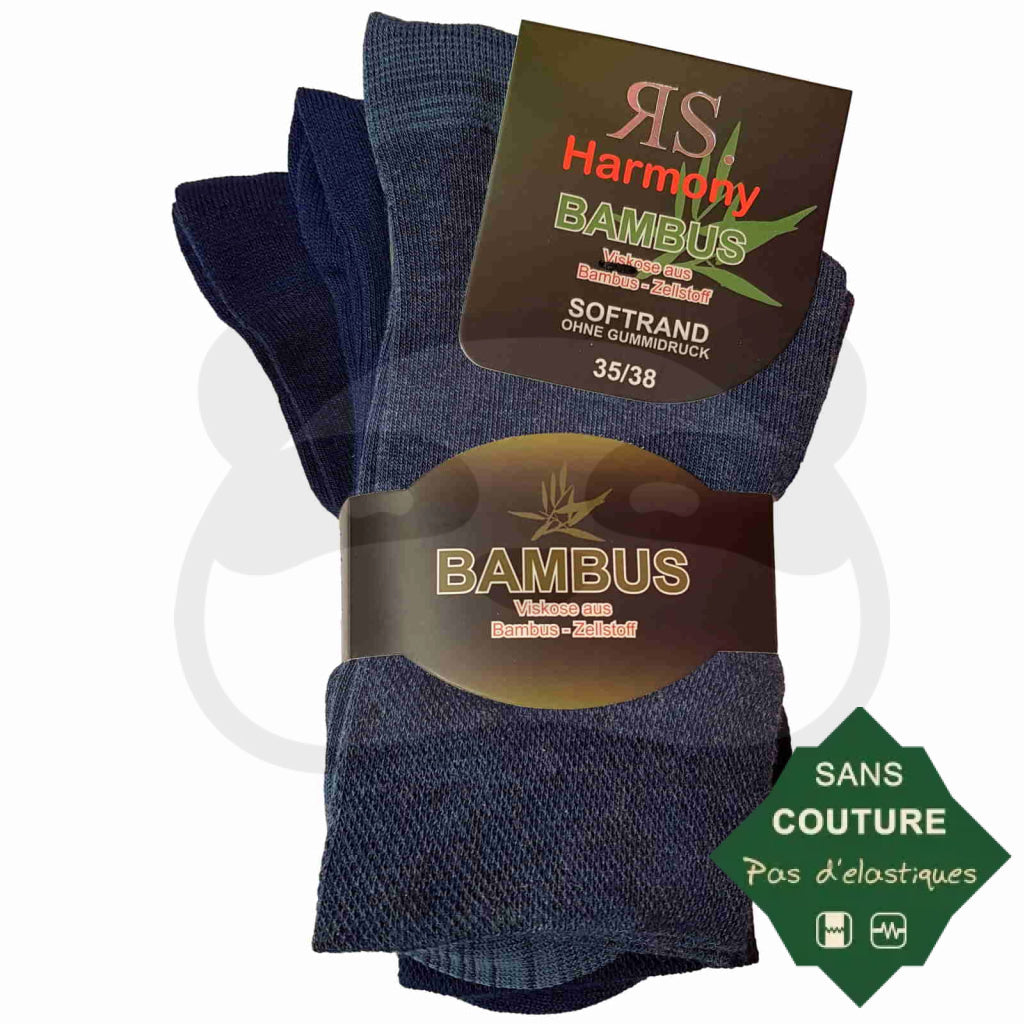 Chaussettes non comprimantes bambou homme femme, pack de 3 paires en couleurs assorties, sans élastique.