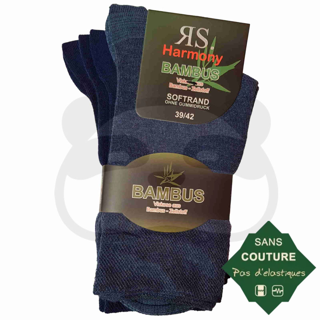 Chaussettes non comprimantes bambou pack de 3 paires pour hommes et femmes en bleu, sans élastique pour un confort optimal.