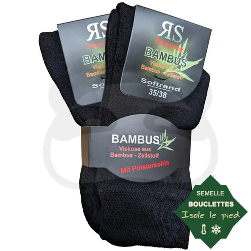 Chaussettes Semelles Bouclettes Bambou - 2 Paires Amortissantes, en noir, avec semelles moelleuses pour un confort optimal.