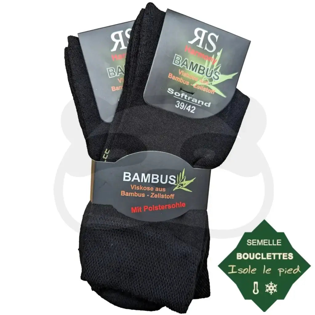 Chaussettes Semelles Bouclettes Bambou - 2 paires amortissantes en couleur noire pour un confort optimal.
