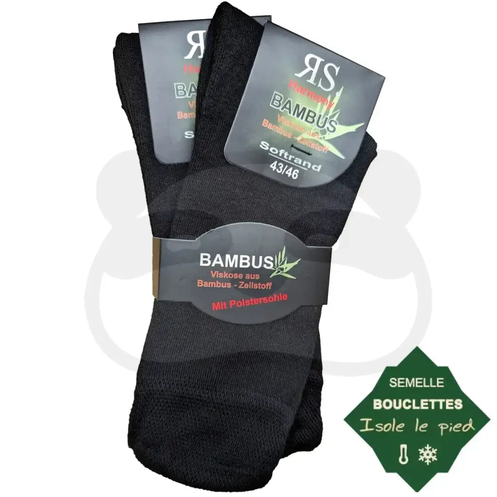 Chaussettes semelles bouclettes bambou noires, 2 paires, confort, respirantes et amortissantes.