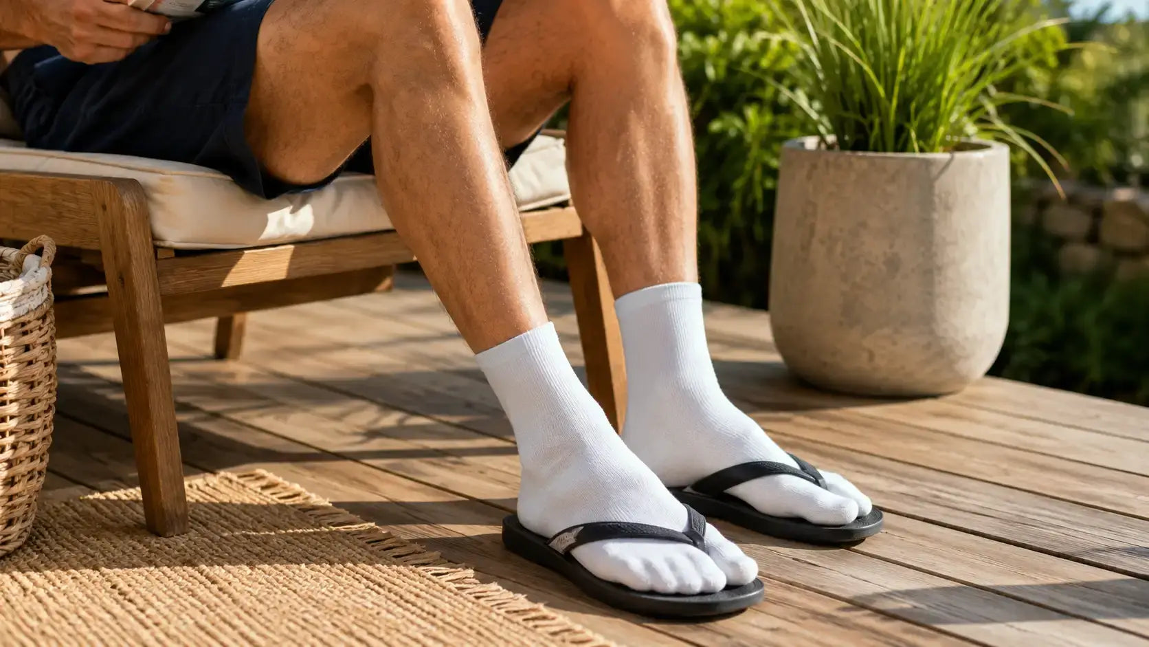 Avec ses chaussettes en bambou tabi et ses tongs aux pieds, un homme sur sa terrasse est assis dans son fauteuil et s'adonne à la lecture d'un livre.