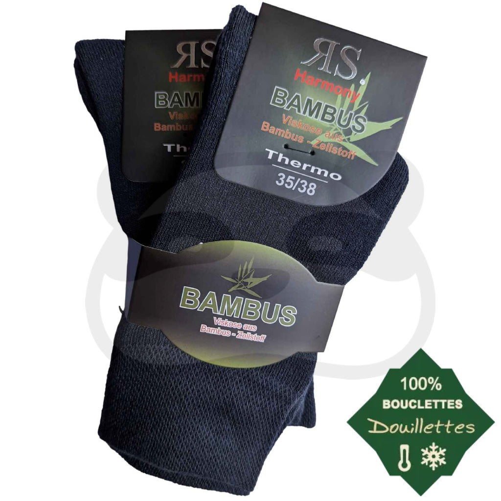 Chaussettes toute bouclette bambou thermiques noires par RS Harmony, chaudes, résistantes et solides, taille 35-38.