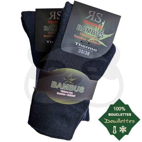 Chaussettes toute bouclette bambou thermiques noires par RS Harmony, chaudes, résistantes et solides, taille 35-38.