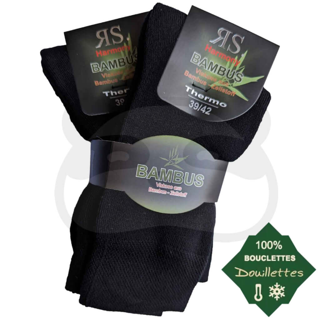 Chaussettes toute bouclette bambou noires en 2 paires, confort chaud et résistant