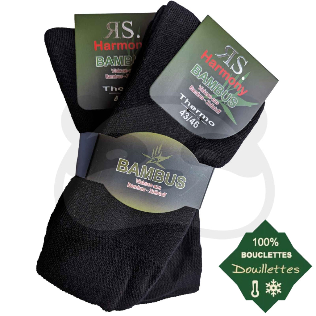 Chaussettes toute bouclette bambou noires avec étiquette THERMO, confort et chaleur pour les pieds.