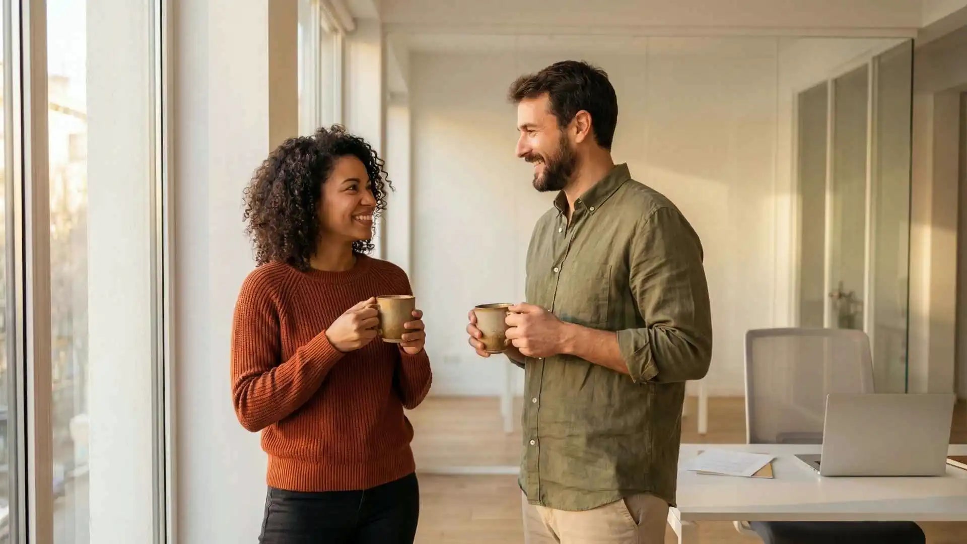 Couple souriant prenant une pause café à la maison