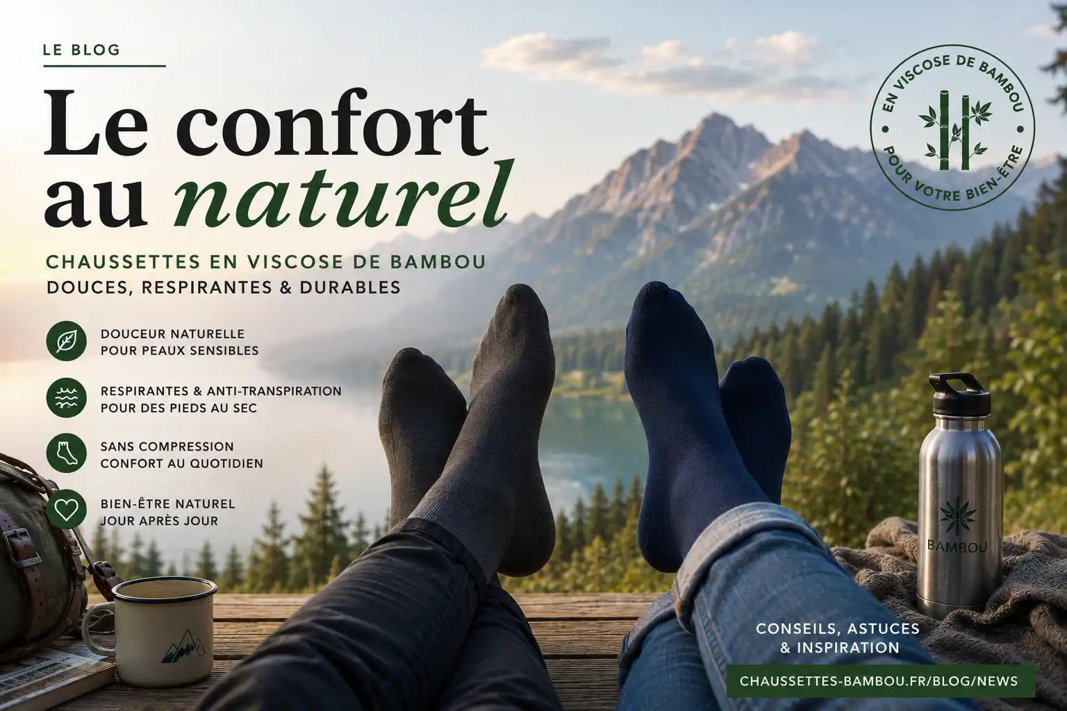Un couple se repose devant un lac et une montagne chaussettes bambou aux pieds.