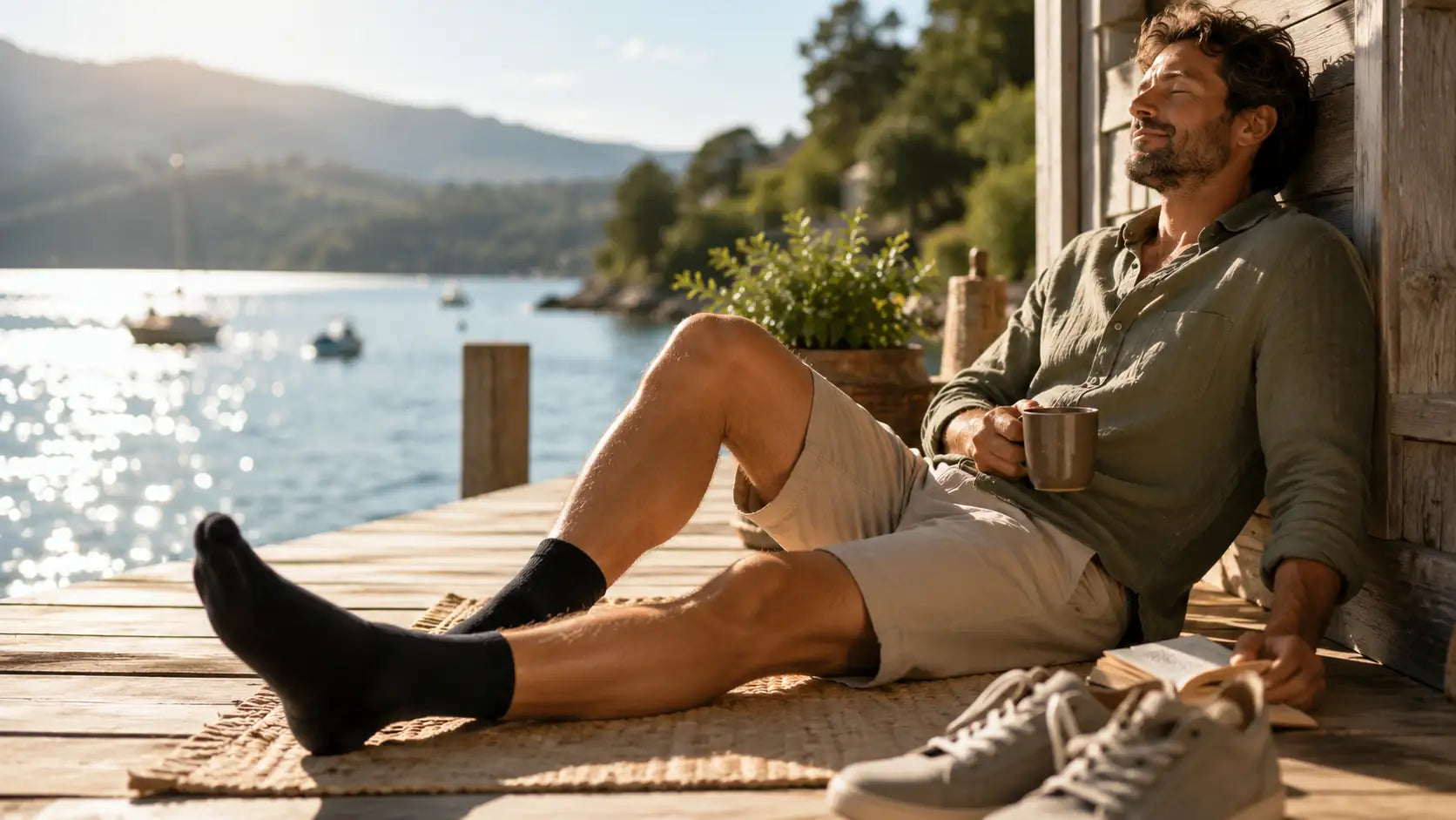 Un homme au bord du lac a posé son livre et boit son café en chaussettes bambou noires aux pieds.