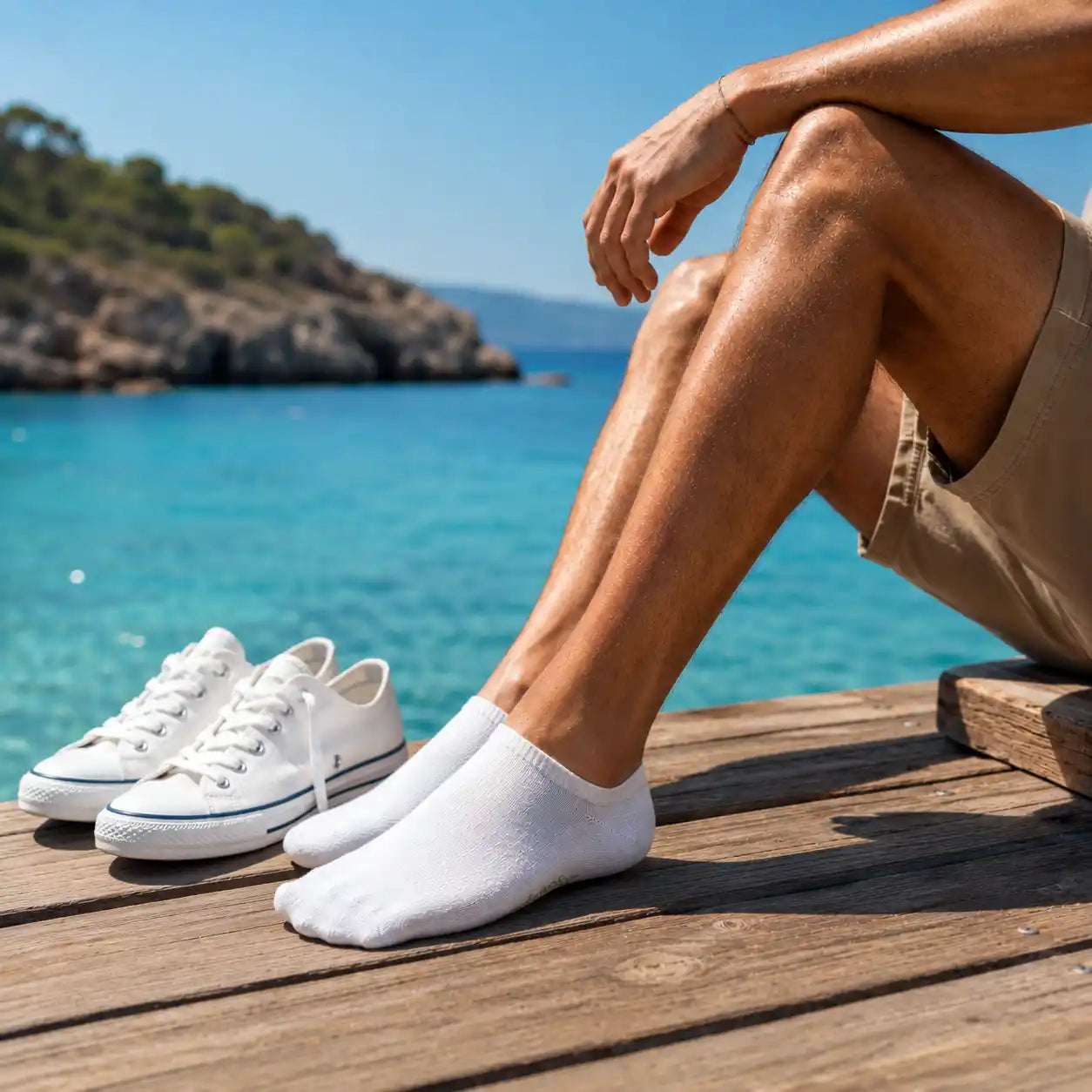 Homme en mini-socquettes bambou blanches assis sur un ponton en bord de mer.