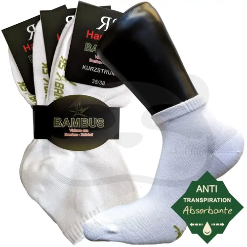 Socquettes Bambou Anti Transpiration Respirantes - 3 Paires en viscose de bambou, blanches et absorbantes.