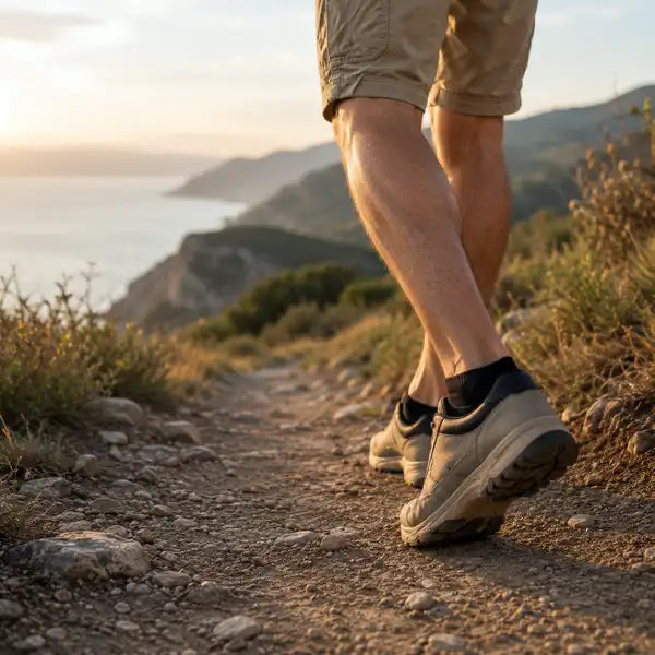 Un homme en socquettes bambou noires marche sur le sentier des douaniers le long de la côte.