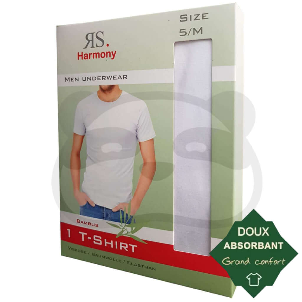 T-shirt bambou et coton homme en emballage, doux et absorbant, taille S/M, idéal pour le confort été.