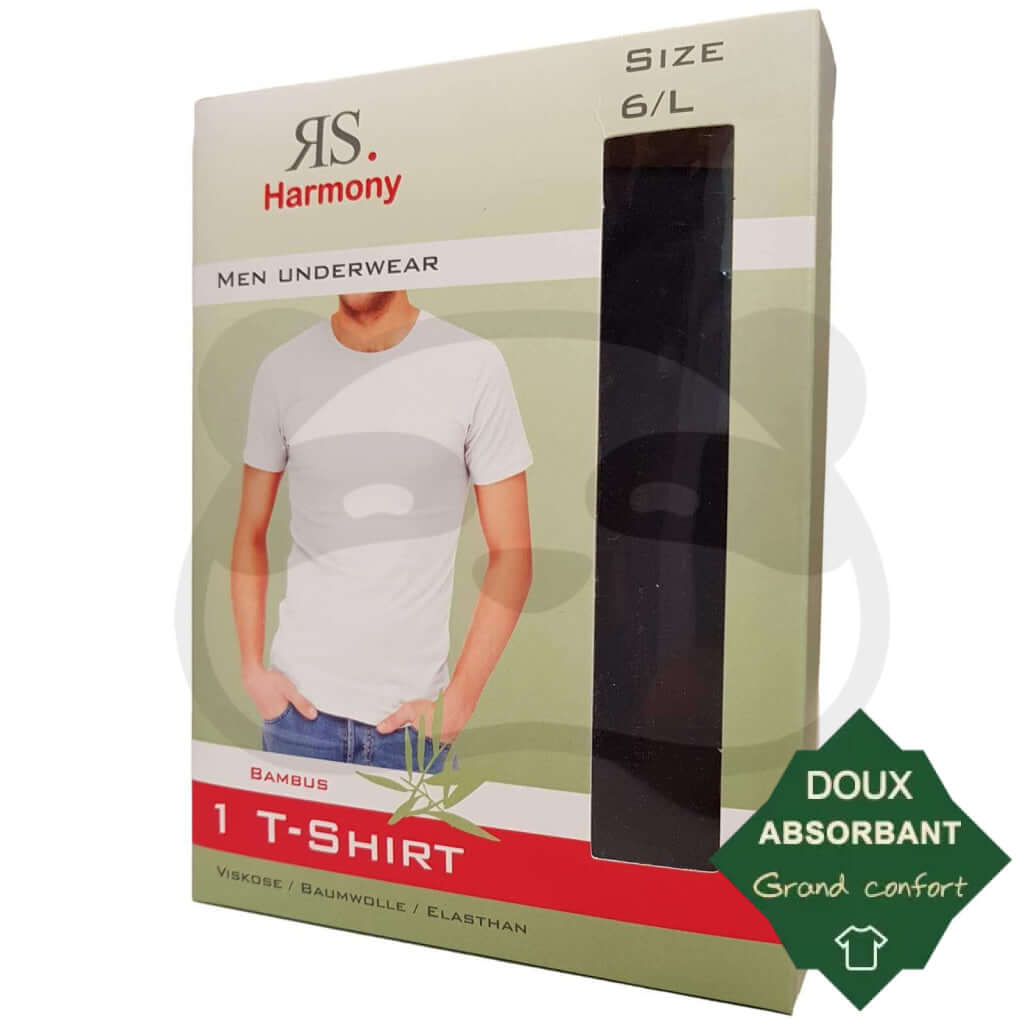 T-Shirt Bambou Et Coton Homme en emballage, doux et absorbant, taille 6/L, idéal pour le confort.